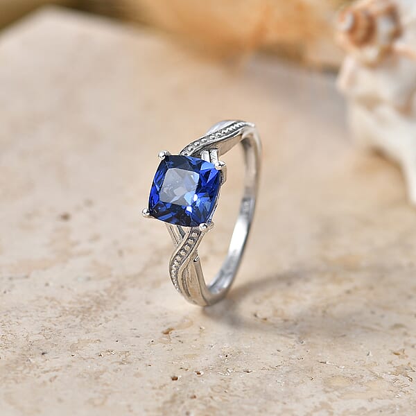 D'Joy Lab Created Blue Sapphire 2.20 ctw Ring in Rhodium Over Sterling Silver (Size  6.0)