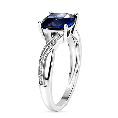 D'Joy Lab Created Blue Sapphire 2.20 ctw Ring in Rhodium Over Sterling Silver (Size  6.0)