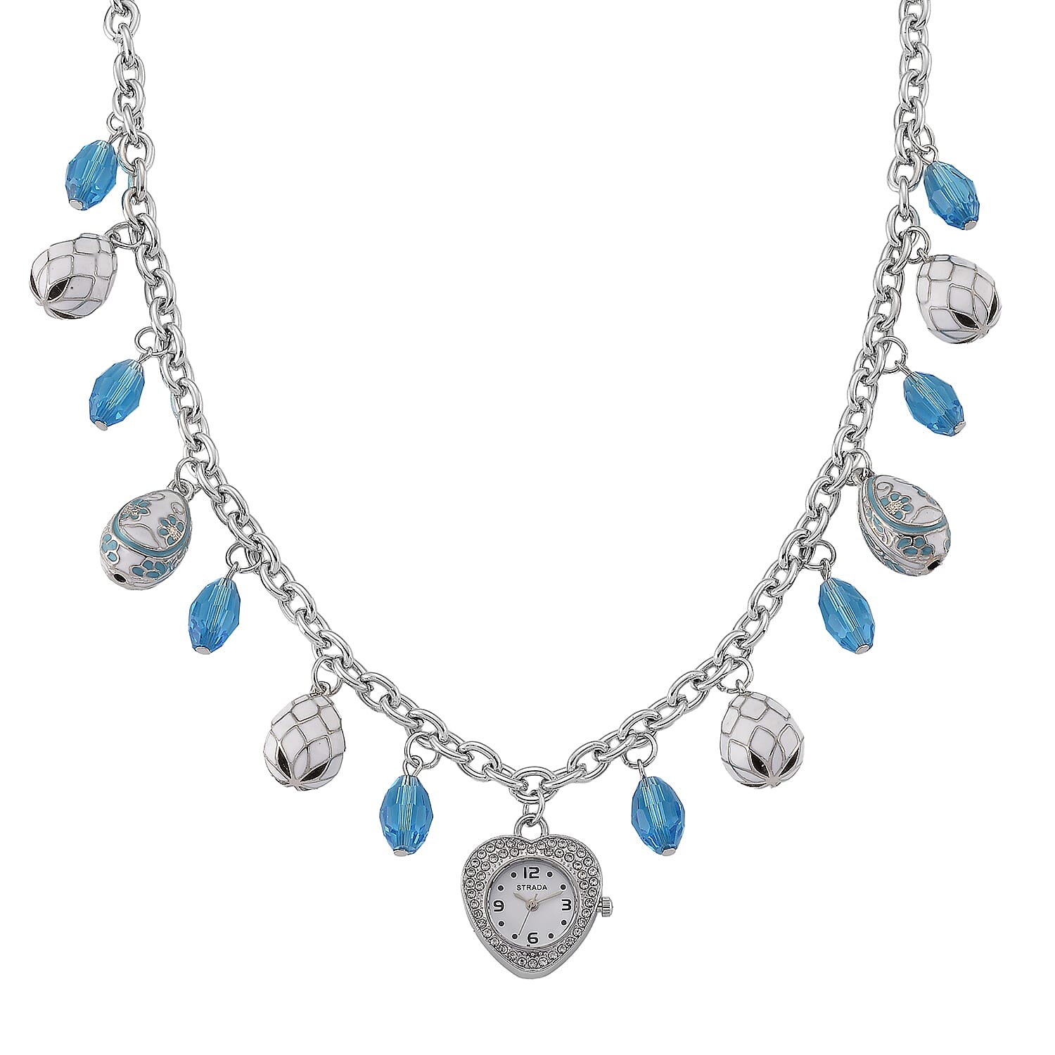 Strada Austrian Crystal SL68 Quartz Movement Watch Necklace with Blue Glass and Enameled Charms in Stainless Steel (18 Inches)