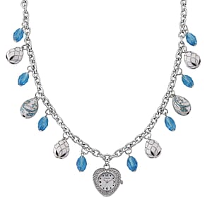 Strada Austrian Crystal SL68 Quartz Movement Necklace Watch with Blue Glass and Enameled Charms in Stainless Steel (18 Inches)