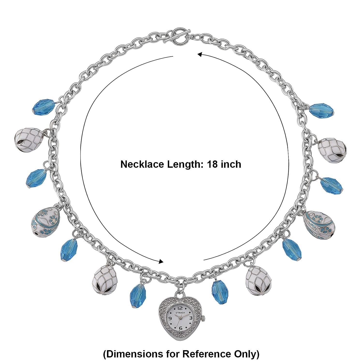 Strada Austrian Crystal SL68 Quartz Movement Watch Necklace with Blue Glass and Enameled Charms in Stainless Steel (18 Inches)