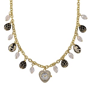 Strada Austrian Crystal SL68 Quartz Movement Necklace Watch with White Glass and Black Enameled Charms in ION Plated YG Stainless Steel (18 Inches)