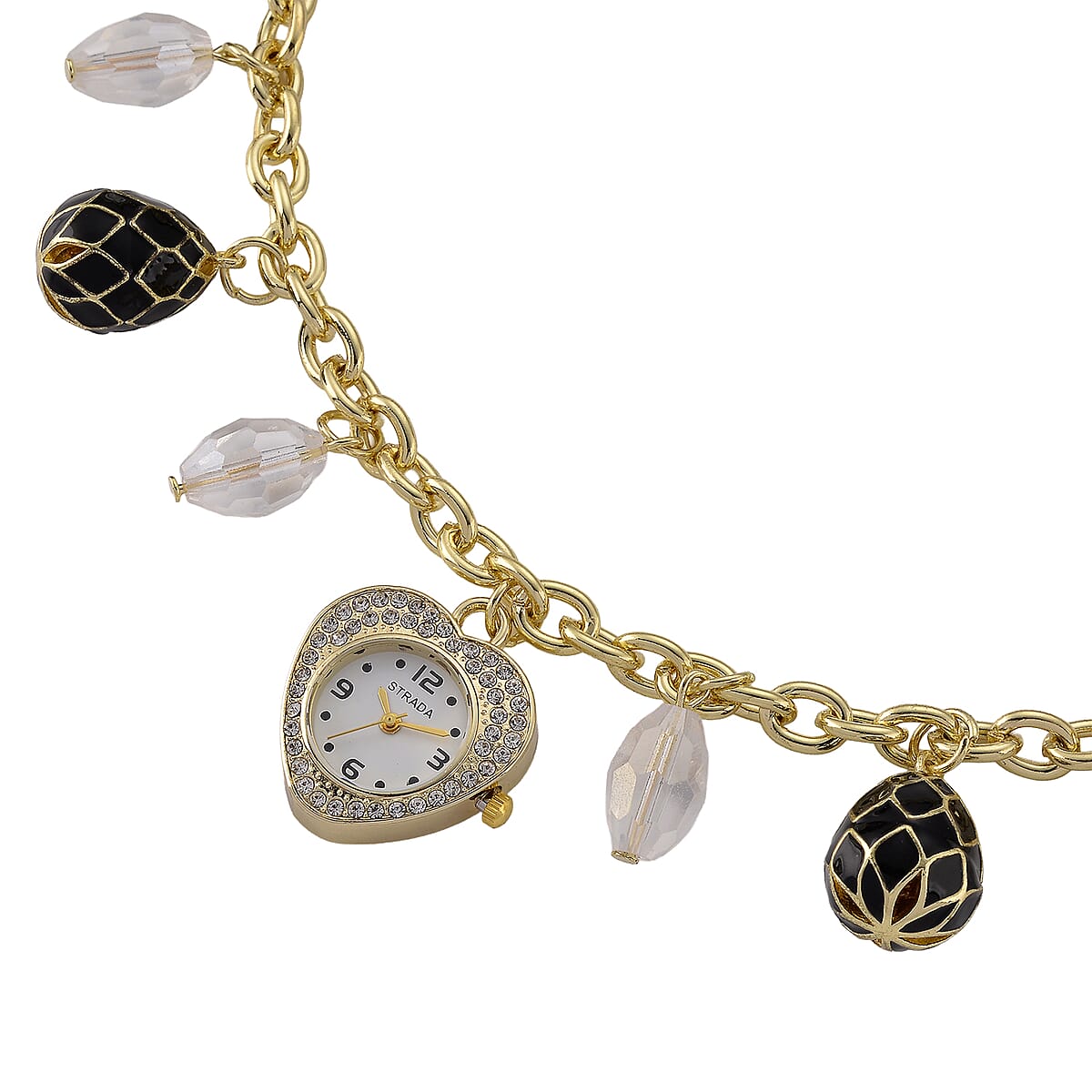 Strada Austrian Crystal SL68 Quartz Movement Necklace Watch with White Glass and Black Enameled Charms in ION Plated YG Stainless Steel (18 Inches) image number 3