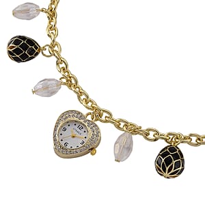 Strada Austrian Crystal SL68 Quartz Movement Necklace Watch with White Glass and Black Enameled Charms in ION Plated YG Stainless Steel (18 Inches)