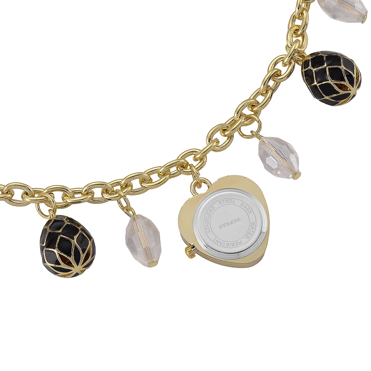 Strada Austrian Crystal SL68 Quartz Movement Necklace Watch with White Glass and Black Enameled Charms in ION Plated YG Stainless Steel (18 Inches) image number 4