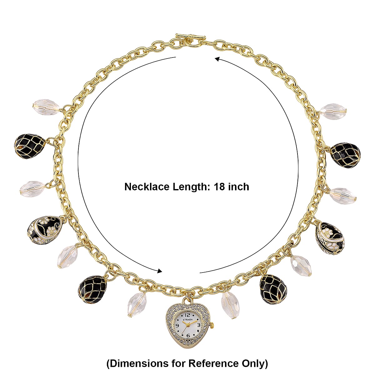Strada Austrian Crystal SL68 Quartz Movement Necklace Watch with White Glass and Black Enameled Charms in ION Plated YG Stainless Steel (18 Inches) image number 6