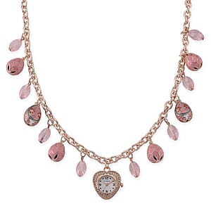 Strada Austrian Crystal SL68 Quartz Movement Necklace Watch with Pink Glass and Enameled Charms in ION Plated RG Stainless Steel (18 Inches)