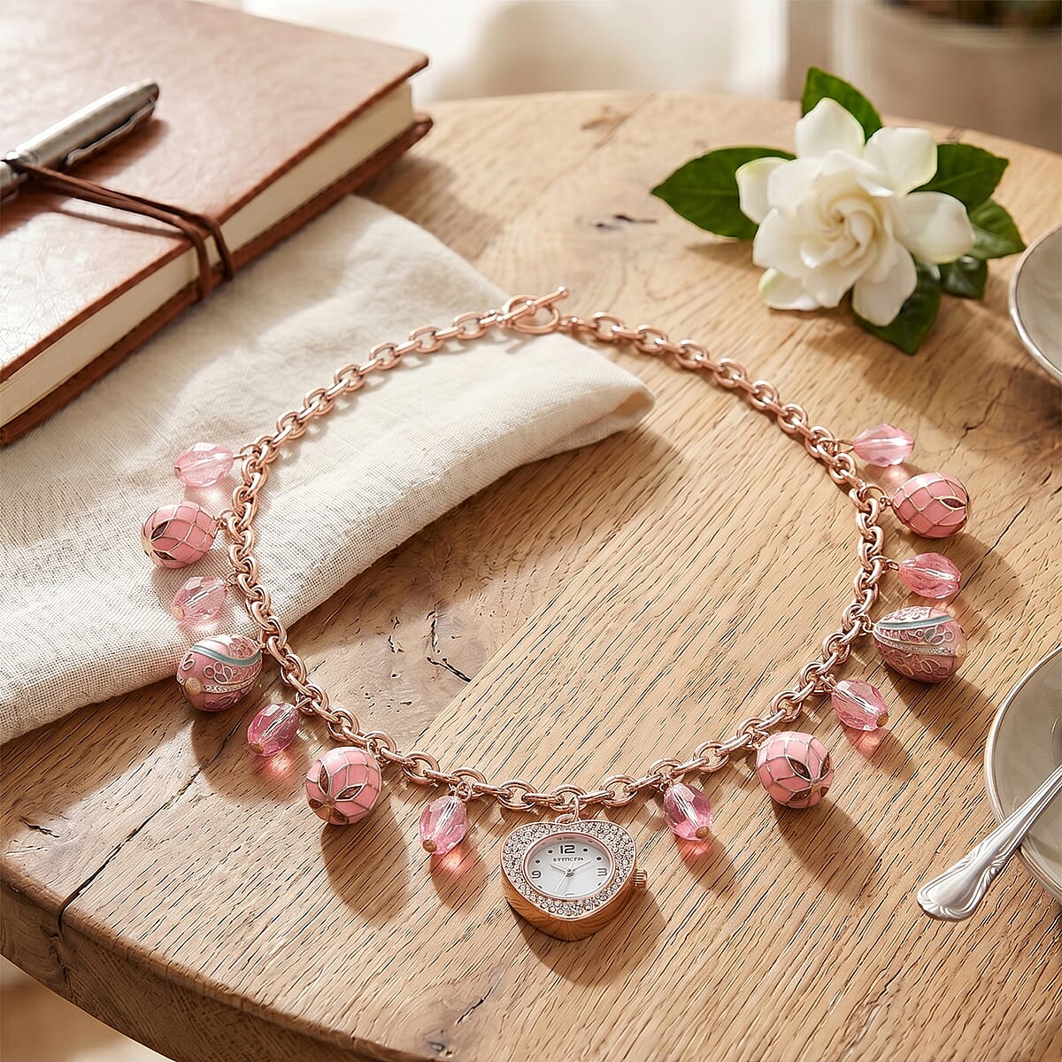 Strada Austrian Crystal SL68 Quartz Movement Necklace Watch with Pink Glass and Enameled Charms in ION Plated RG Stainless Steel (18 Inches) image number 1