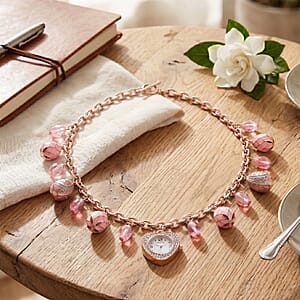 Strada Austrian Crystal SL68 Quartz Movement Necklace Watch with Pink Glass and Enameled Charms in ION Plated RG Stainless Steel (18 Inches)