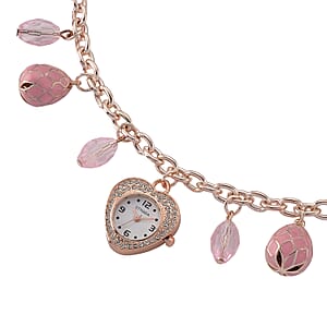 Strada Austrian Crystal SL68 Quartz Movement Necklace Watch with Pink Glass and Enameled Charms in ION Plated RG Stainless Steel (18 Inches)