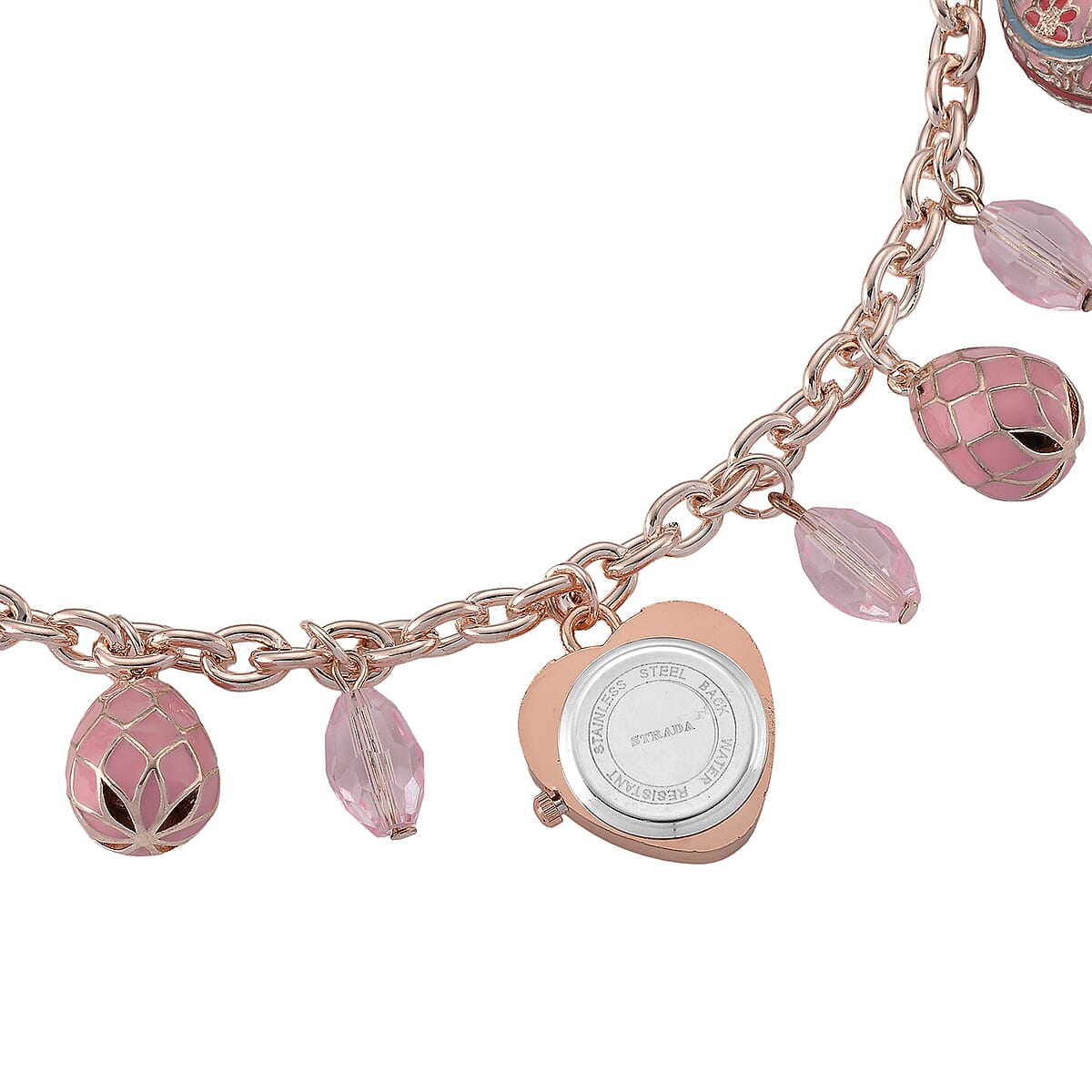 Strada Austrian Crystal SL68 Quartz Movement Necklace Watch with Pink Glass and Enameled Charms in ION Plated RG Stainless Steel (18 Inches) image number 4