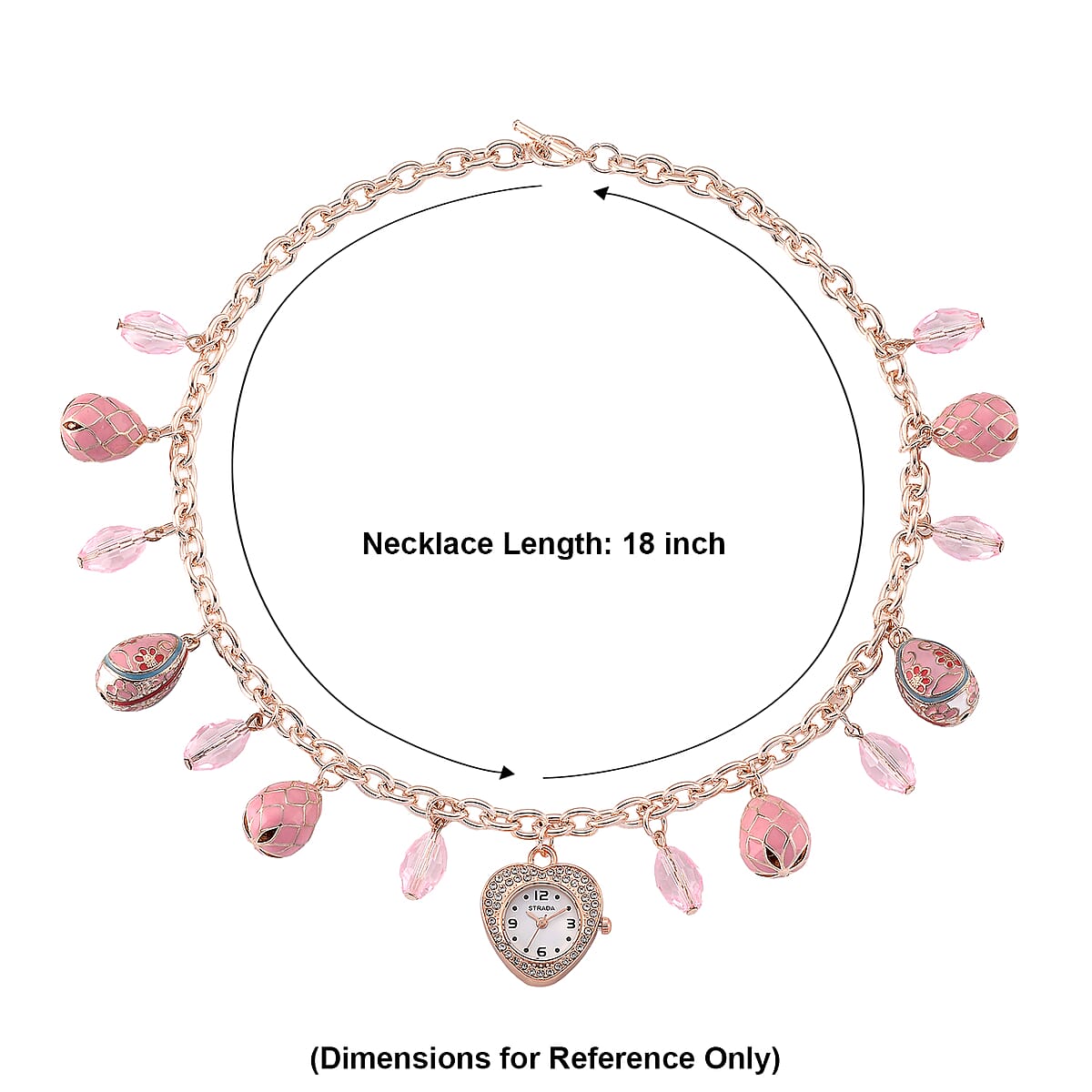 Strada Austrian Crystal SL68 Quartz Movement Necklace Watch with Pink Glass and Enameled Charms in ION Plated RG Stainless Steel (18 Inches) image number 6