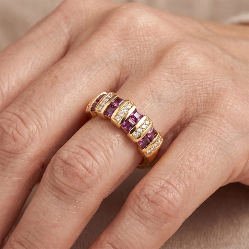 EverTrue Orissa Rhodolite Garnet and White Zircon 1.60 ctw Band Ring in 18K YG Plated (Size 6.0)