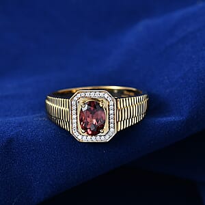 D'Joy AAA Red Zircon and Moissanite 2.00 ctw Royal Crimson Frame Men's Ring in 18K Vermeil Yellow Gold Over Sterling Silver (Size 10.0) (Del. in 8-10 Days)