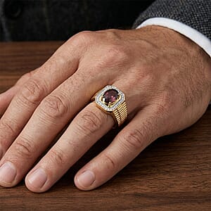D'Joy AAA Red Zircon and Moissanite 2.00 ctw Royal Crimson Frame Men's Ring in 18K Vermeil Yellow Gold Over Sterling Silver (Size 13.0) (Del. in 8-10 Days)