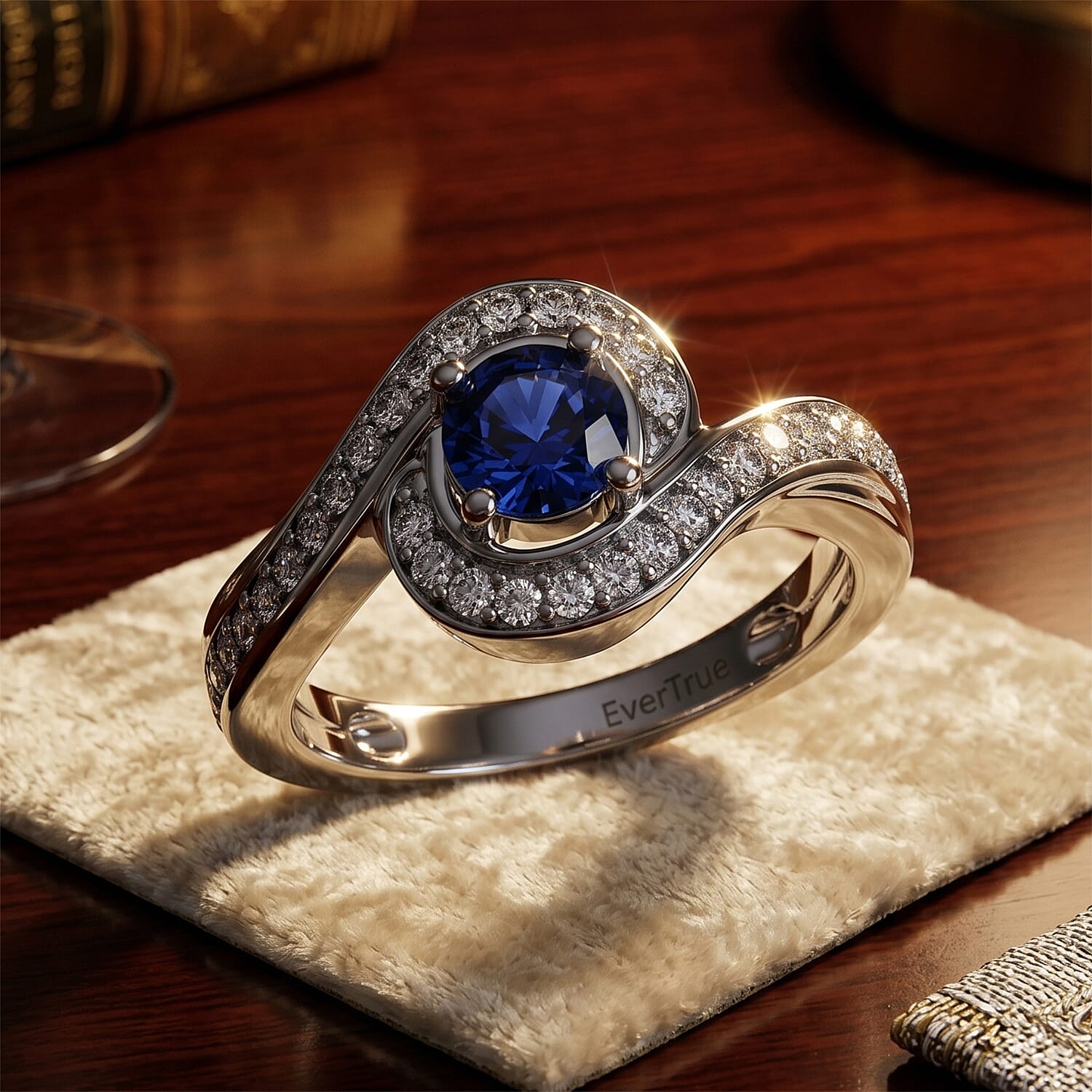 EverTrue Lab Created Blue Sapphire and White Zircon 1.10 ctw Ring in Platinum Bond (Size  6.0)