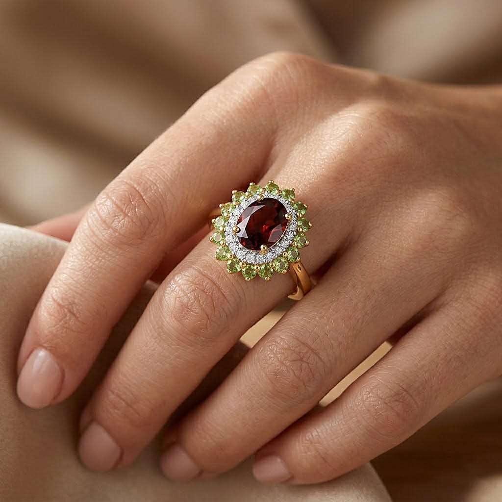 D'Joy AAA Red Zircon and Multi Gemstone 2.75 ctw Royal Bloom Radiance Ring in 18K Vermeil Yellow Gold Over Sterling Silver (Size 10.0)