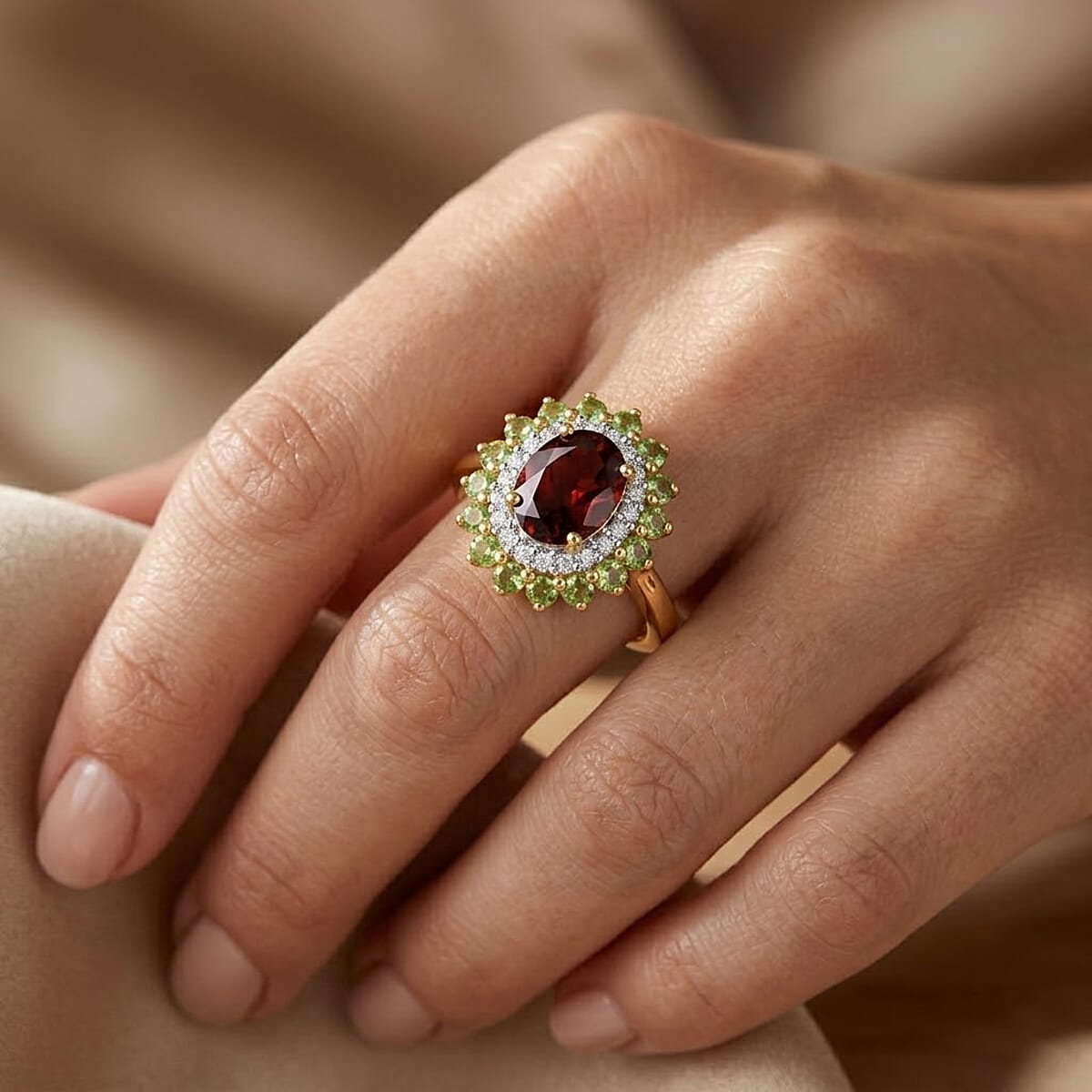 D'Joy AAA Red Zircon and Multi Gemstone 2.75 ctw Royal Bloom Radiance Ring in 18K Vermeil Yellow Gold Over Sterling Silver (Size 8.0) image number 2