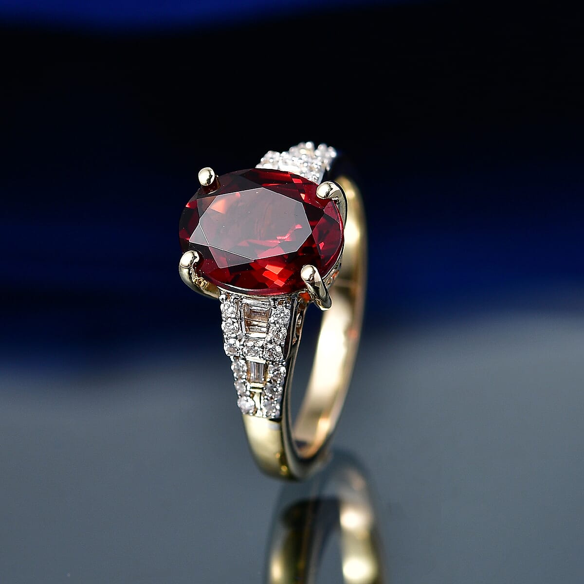 Luxoro AAA Red Zircon and Diamond I2 4.10 ctw Royal Heritage Glow Ring in 10K Yellow Gold (Size 8.0)  image number 1