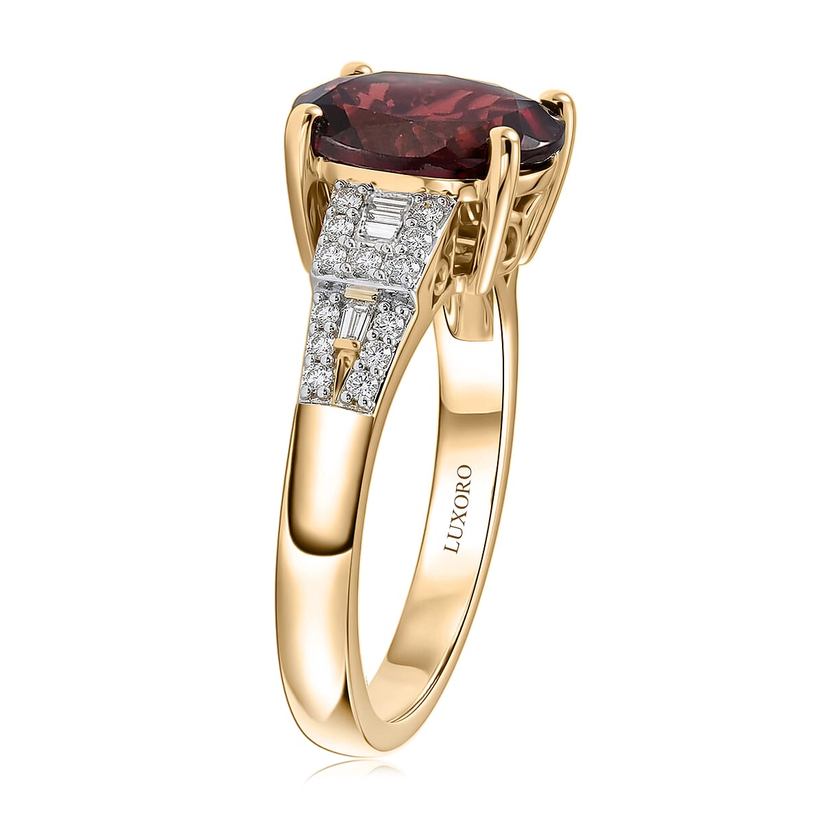 Luxoro AAA Red Zircon and Diamond I2 4.10 ctw Royal Heritage Glow Ring in 10K Yellow Gold (Size 9.0) image number 3
