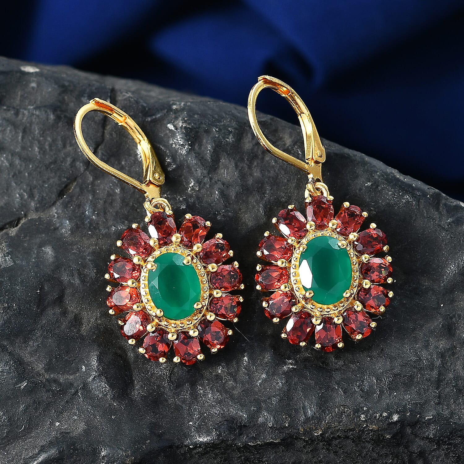 EverTrue Verde Onyx and Mozambique Garnet 7.20 ctw Floral Blossom Earrings in 18K YG Plated