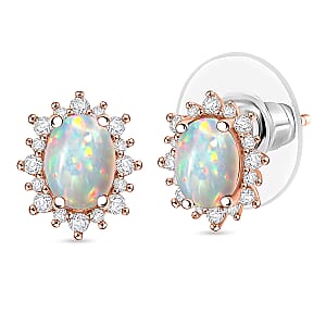 D'Joy Premium Ethiopian Welo Opal and White Zircon 2.06 ctw Earrings in 18K Vermeil Rose Gold Over Sterling Silver