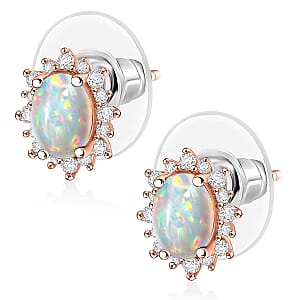 D'Joy Premium Ethiopian Welo Opal and White Zircon 2.06 ctw Earrings in 18K Vermeil Rose Gold Over Sterling Silver