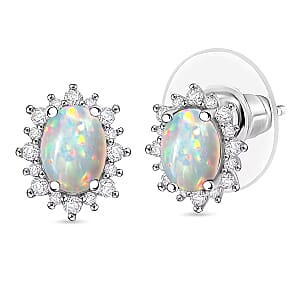D'Joy Premium Ethiopian Welo Opal and White Zircon 2.06 ctw Earrings in Rhodium Over Sterling Silver