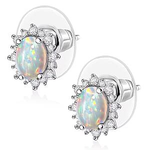 D'Joy Premium Ethiopian Welo Opal and White Zircon 2.06 ctw Earrings in Rhodium Over Sterling Silver