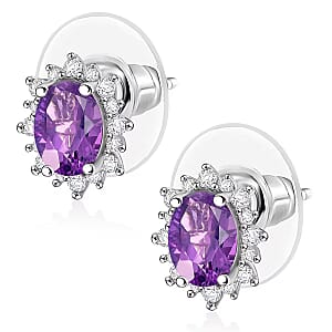 D'Joy Premium Lusaka Amethyst and White Zircon 2.26 ctw Earrings in Rhodium Over Sterling Silver