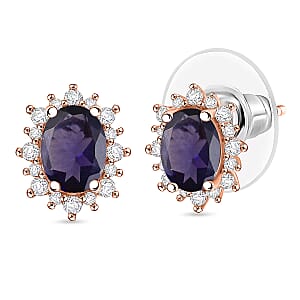 D'Joy Premium Catalina Iolite and White Zircon 2.26 ctw Earrings in 18K Vermeil Rose Gold Over Sterling Silver