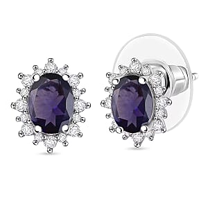 D'Joy Premium Catalina Iolite and White Zircon 2.26 ctw Earrings in Rhodium Over Sterling Silver