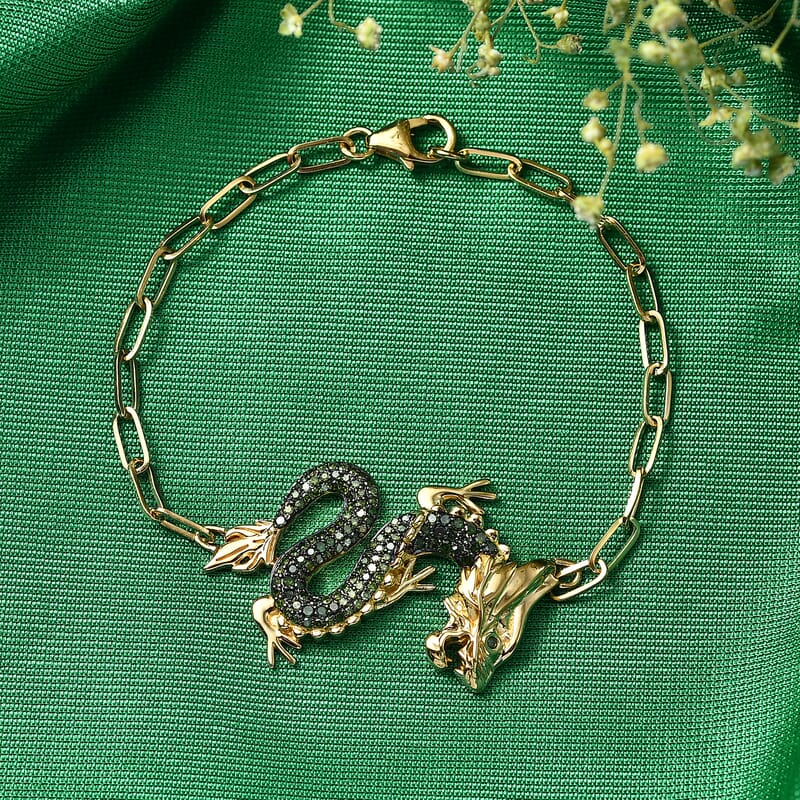 GP Trionfo Collection Green Diamond 1.00 ctw Dragon Bracelet in 18K Vermeil Yellow Gold Sterling Silver (7.25 In)