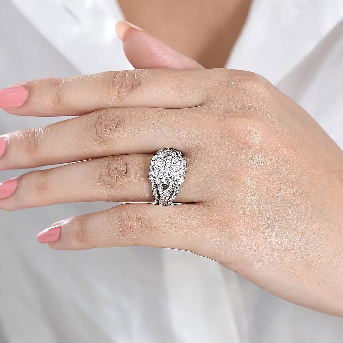 Luxuriant Lab Grown Diamond G-H SI 1.00 ctw Regal Weave Ring in Rhodium Over Sterling Silver (Size 10.0) image number 1