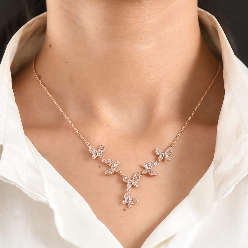 D'Joy Uncut Natural Pink Diamond 1.00 ctw Butterfly Bloom Necklace in 18K Vermeil Rose Gold Over Sterling Silver 20 Inches