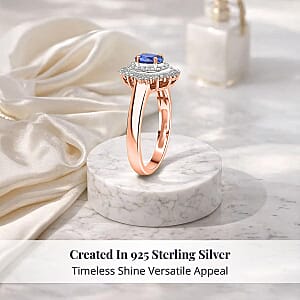 D'Joy Ceylon Blue Sapphire and Diamond Ring in 18K Vermeil Rose Gold Over Sterling Silver (Size 10.0) 1.00 ctw