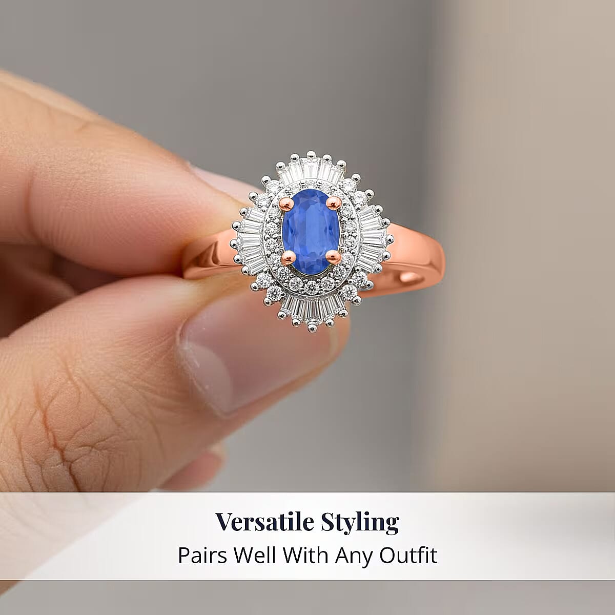 D'Joy Ceylon Blue Sapphire and Diamond Ring in 18K Vermeil Rose Gold Over Sterling Silver (Size 10.0) 1.00 ctw image number 4