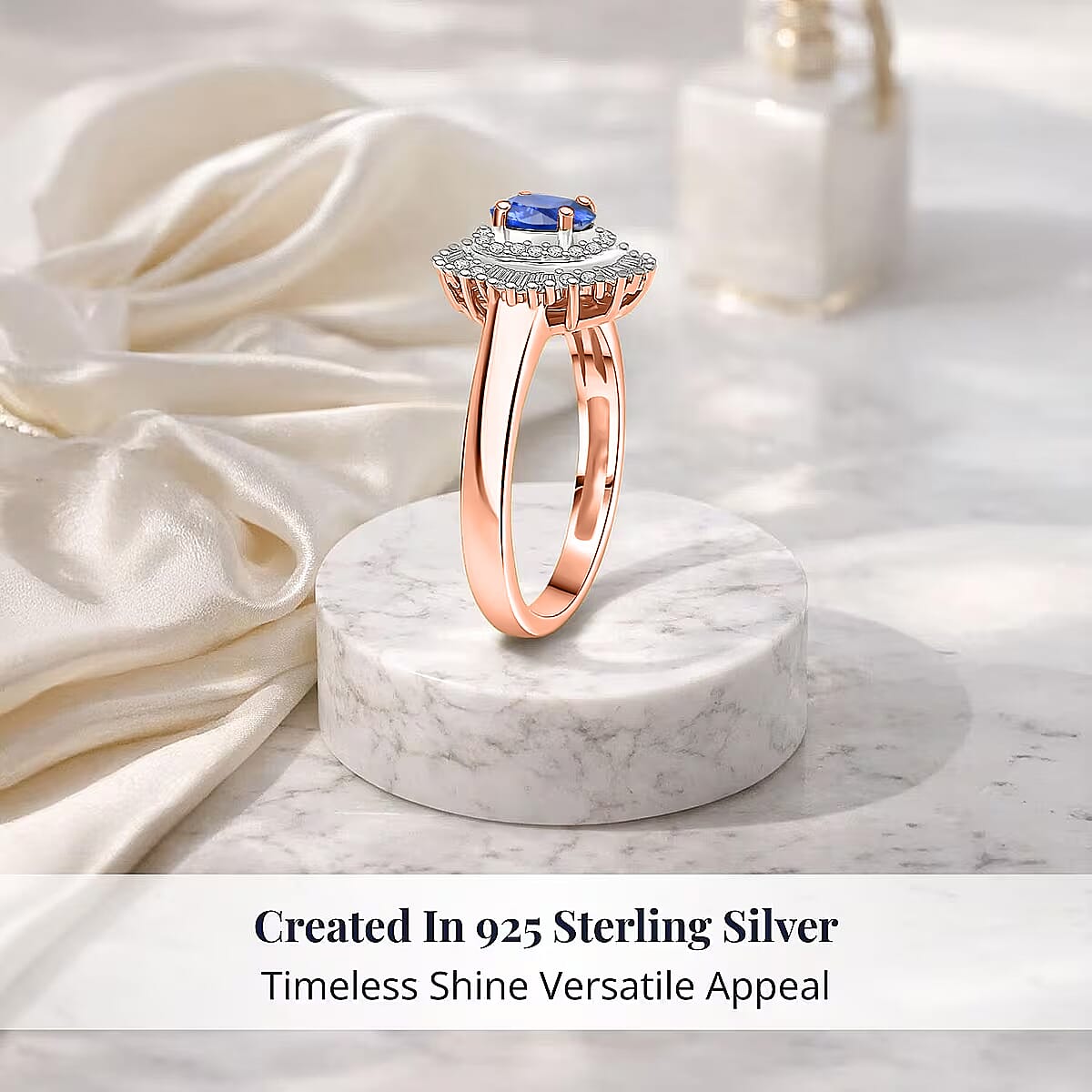D'Joy Ceylon Blue Sapphire and Diamond 1.00 ctw Ring in 18K Vermeil Rose Gold Over Sterling Silver (Size 11.0)