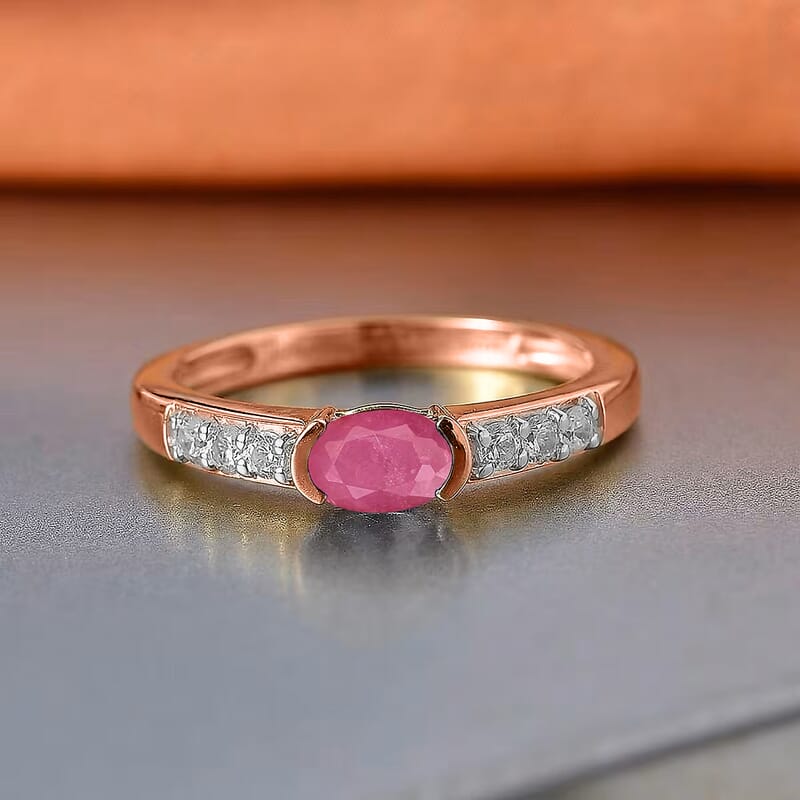 D'Joy Mozambique Ruby and Moissanite 0.82 ctw Ring in 18K Vermeil Rose Gold Over Sterling Silver (Size 11.5)