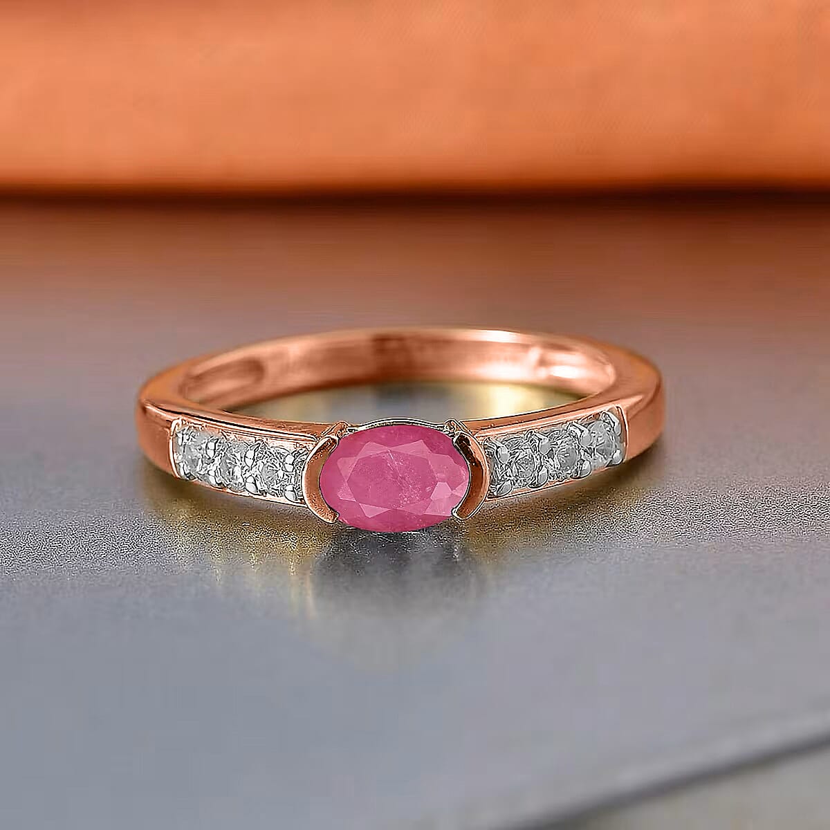 D'Joy Mozambique Ruby and Moissanite 0.82 ctw Ring in 18K Vermeil Rose Gold Over Sterling Silver (Size 4.0)