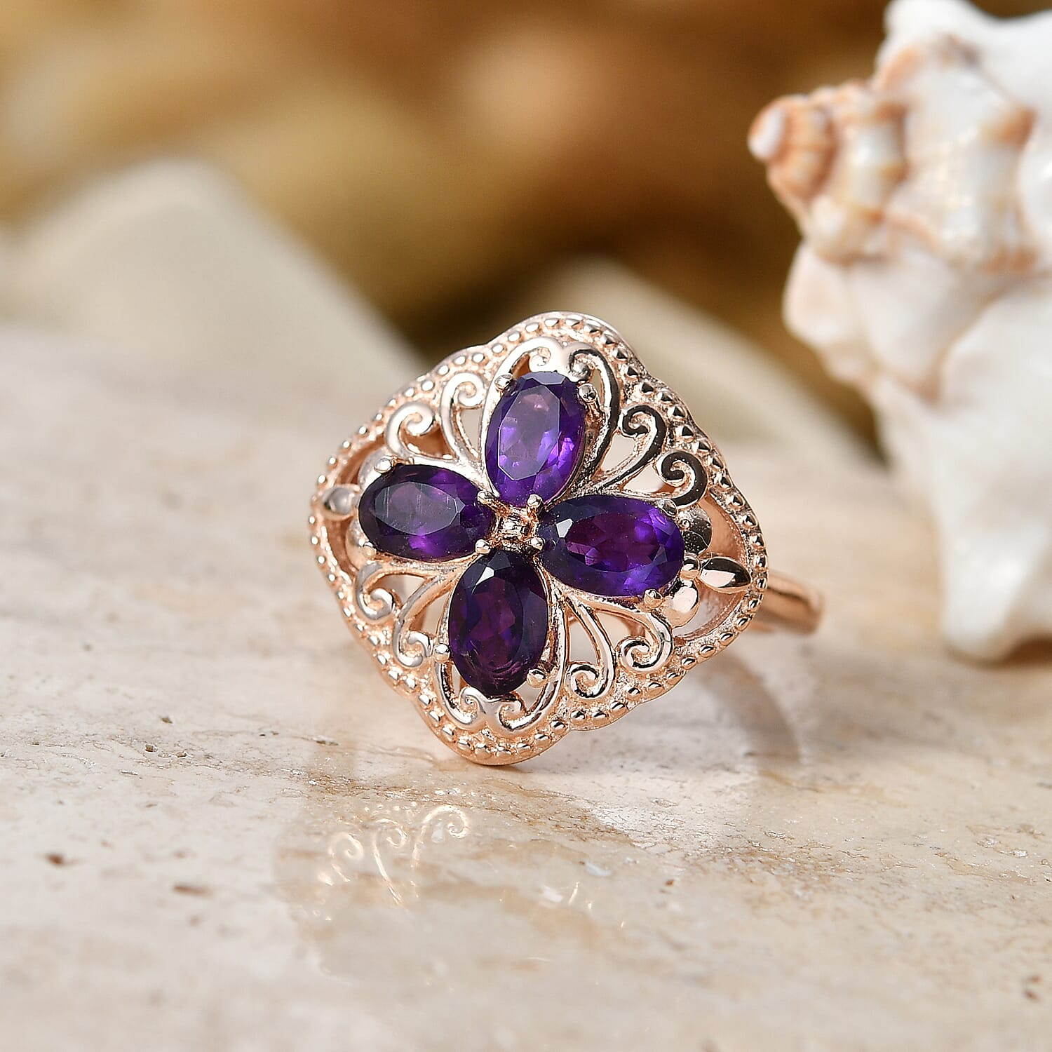 EverTrue African Amethyst 1.70 ctw Royal Clover Ring in 14K RG Over Copper (Size 6.0)