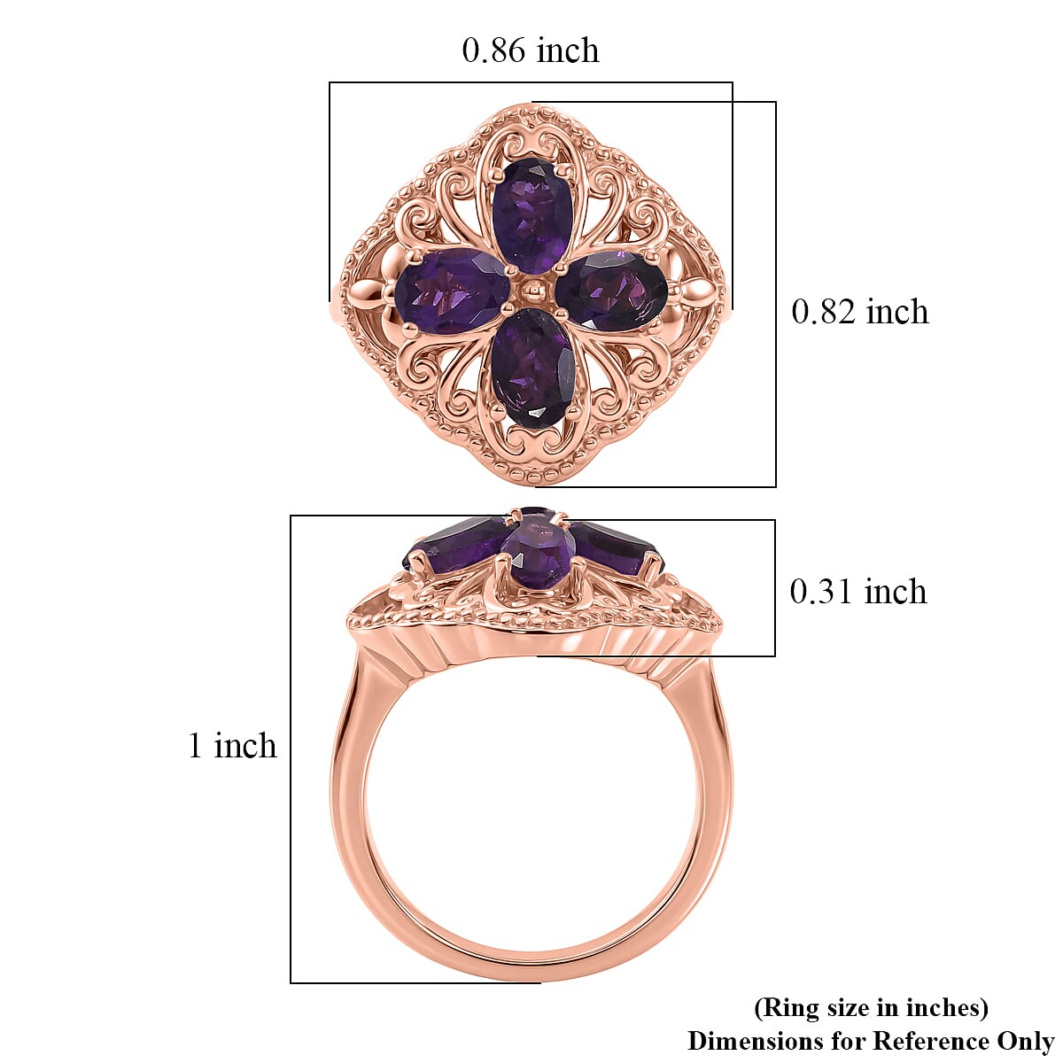 EverTrue African Amethyst 1.70 ctw Royal Clover Ring in 14K RG Over Copper (Size 6.0)