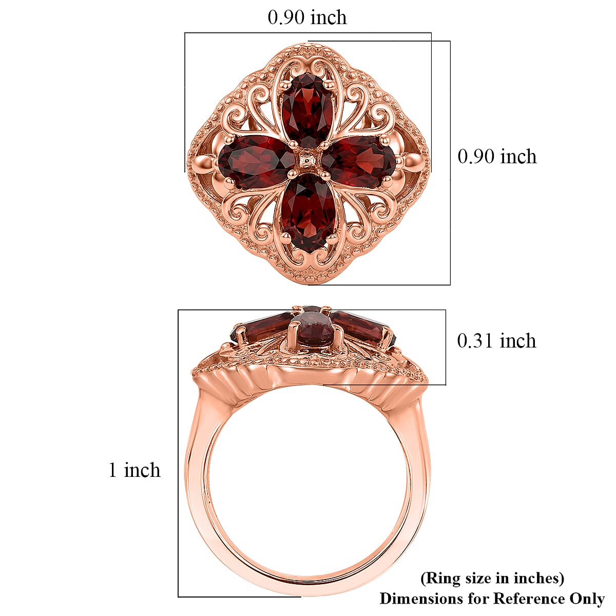 EverTrue Mozambique Garnet 2.25 ctw Royal Clover Ring in 14K RG Over Copper (Size 6.0)