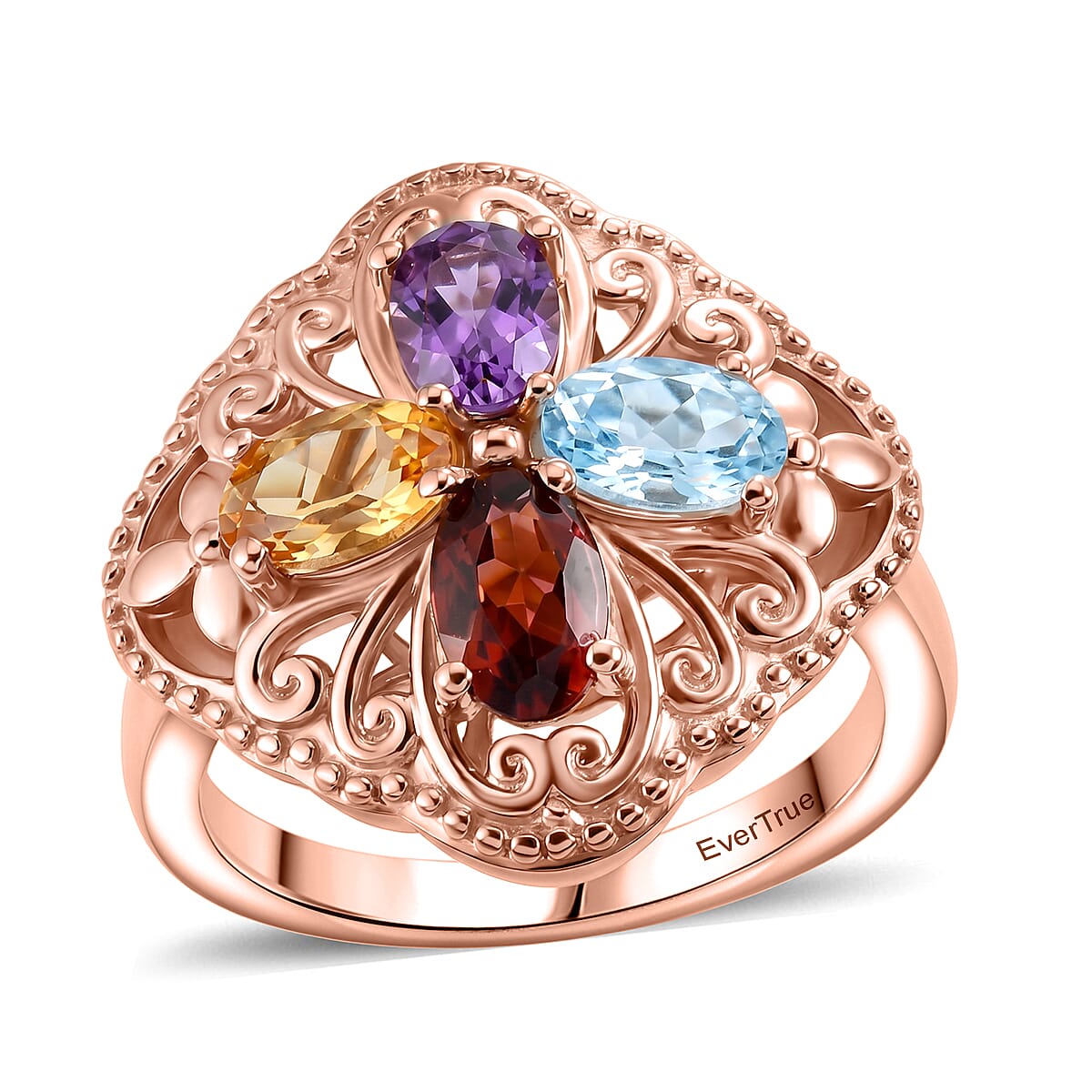 EverTrue Multi Gemstone 2.00 ctw Royal Clover Ring in 14K RG Over Copper (Size 10.0)