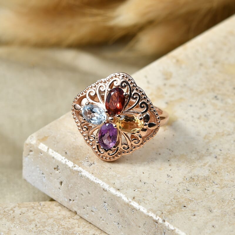 EverTrue Multi Gemstone 2.00 ctw Royal Clover Ring in 14K RG Over Copper (Size 10.0)