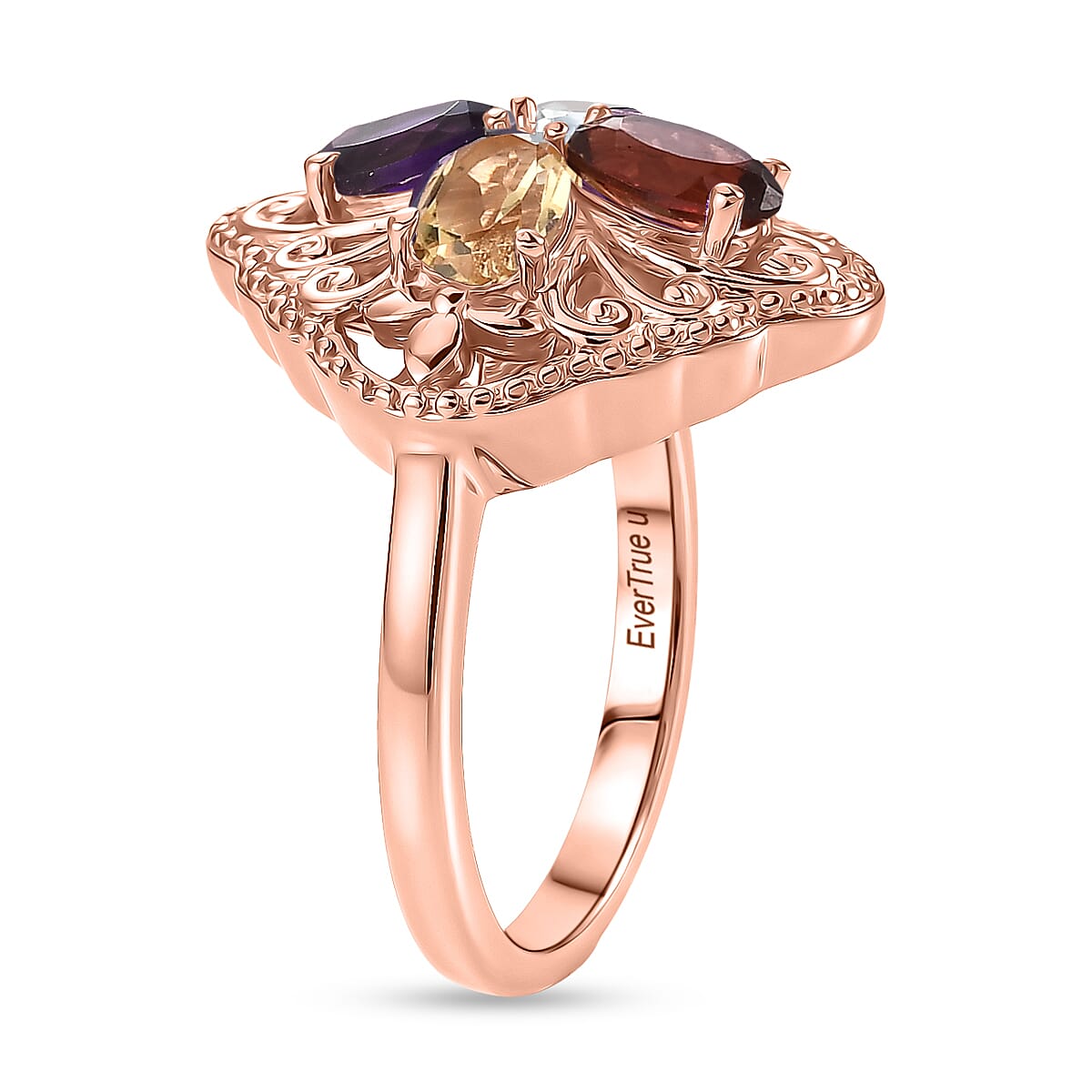EverTrue Multi Gemstone 2.00 ctw Royal Clover Ring in 14K RG Over Copper (Size 10.0)