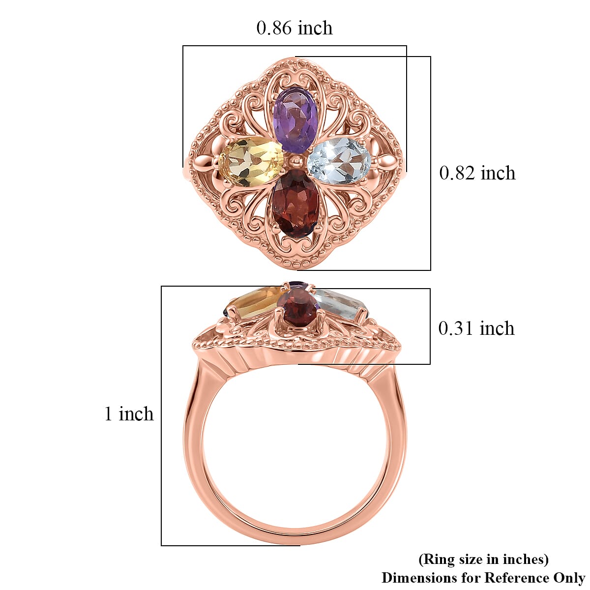 EverTrue Multi Gemstone 2.00 ctw Royal Clover Ring in 14K RG Over Copper (Size 10.0)