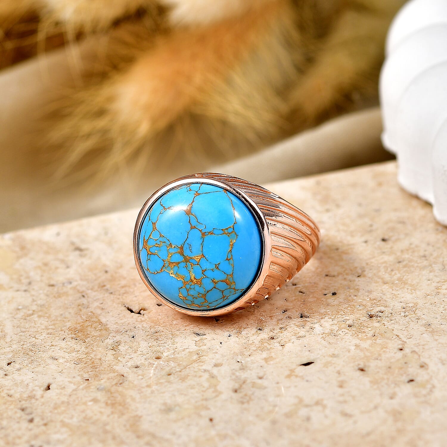 EverTrue Mojave Blue Turquoise 9.15 ctw Solitaire Ring in 14K RG Over Copper (Size 10.0)