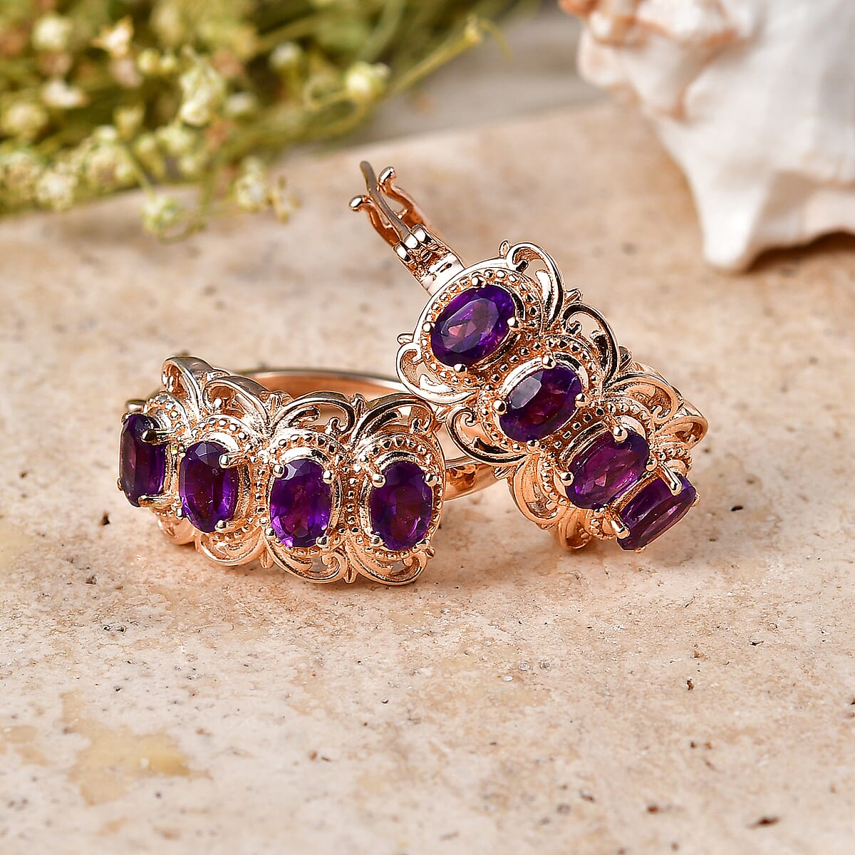 EverTrue African Amethyst 3.20 ctw Royal Filigree Vintage Hoop Earrings in 14K RG Over Copper image number 1