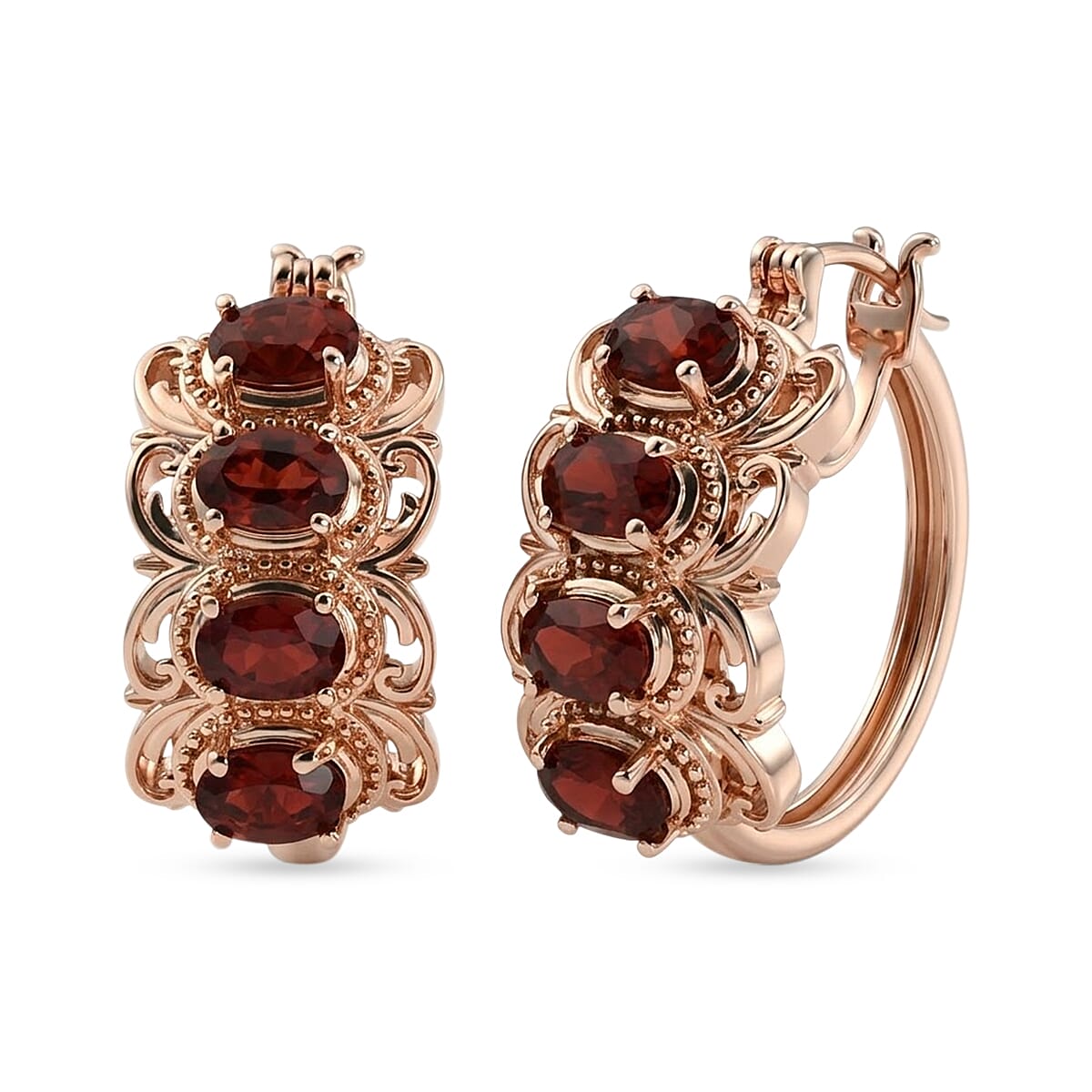 EverTrue Mozambique Garnet 4.50 ctw Royal Filigree Vintage Hoop Earrings in 14K RG Over Copper